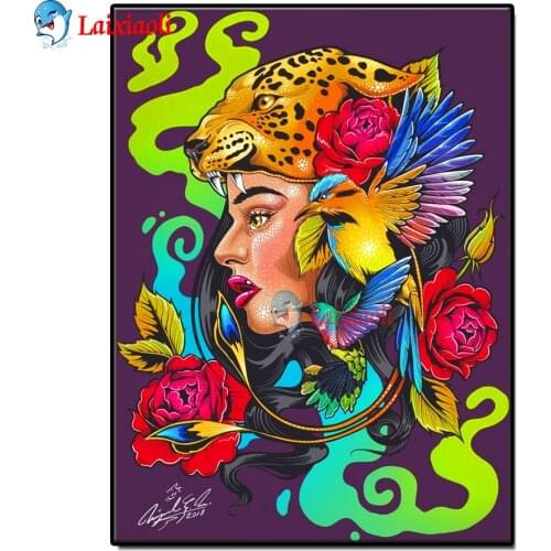 Embroidery fantasy tiger with birds flower diamond Painting full square round drill Mosaic Cross Stitch girl head art Home Decor