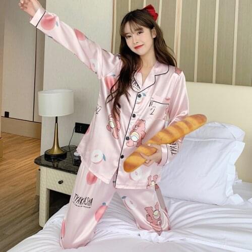 Womens Pajamas Autumn Imitation Ice Silk Plaid Cartoon Print Cardigan Long-sleeved Trousers Two-piece Loungewear Female Suit