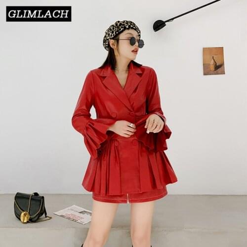 Elegant Double Breasted Pleated Ruffles Jacket Women Genuine Sheepskin Real Leather Long Blazer Coat Flare Sleeve Clothes Ladies