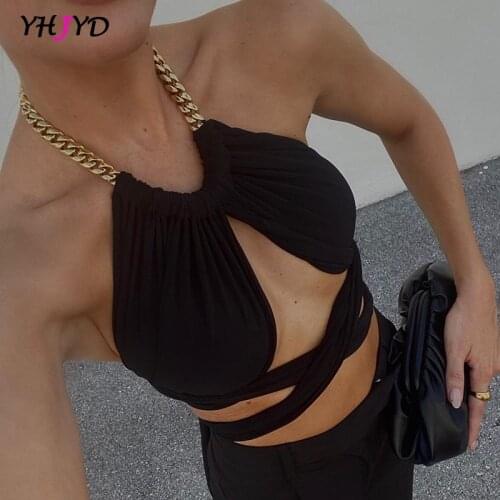 2021 Summer Chain Halter Women Sexy Crop Top Bandage Lace Up Cross Hollow Out Backless Streetwear Party Club Y2K Clothes