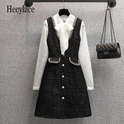 Plus Size Women Elegant Office Ladies Suit Autumn Winter Female Lace Shirt Top Annd Tweed Dresses Two Piece Set Outfit Clothing