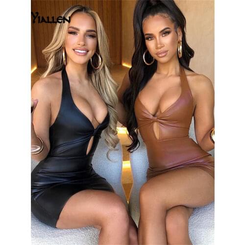 Yiallen Summer Faux PU Leather Sexy Low V-Neck Mini Dress Women Sheath Cleavage Body-Shaping Lace Up Halter Sleeveless Female