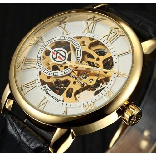 2019 Forsining Brand Hollow Engraving Black Gold Case Leather Skeleton Mechanical Business Watch Men Luxury Brand Heren Horloge