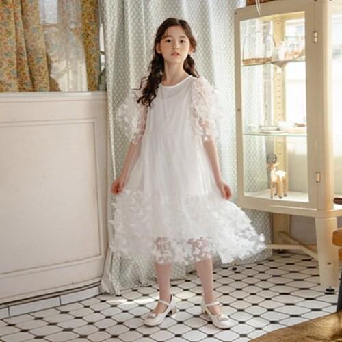 4-14 Years Girls White Princess Dress Kids Butterfly Cotton Short Sleeve Dresses For Girls Little Big Girl Clothing 6 8 9 10 12