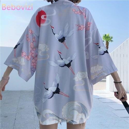 Black White Crane 2020 Loose Women Harajuku Cardigan Japanese Kimono Fashion Asia Summer Blouse Top Casual Woman Kimonos Cosplay