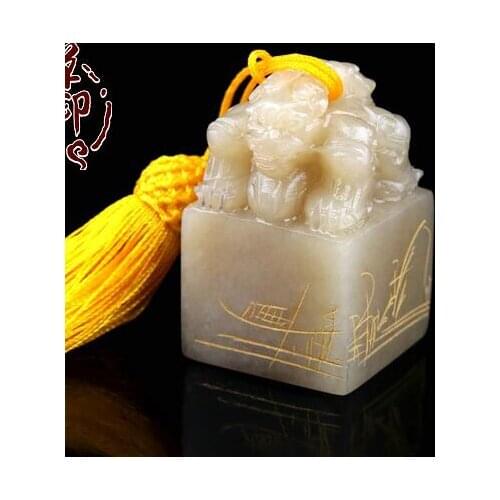 Chinese Traditional Double Animal Head Carving Sculpture Name Stone Jade Seal