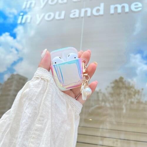Laser Aurora Colorful Shell Pearl Love Keychain Wireless Bluetooth Earphone Hard Case for Apple Airpods 1 2 AirPods Pro cover