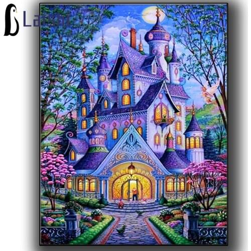 DIY Mosaic Purple Castle Villa Cartoons Full Drill Round Diamond Resin Painting Kit Rhinestone Drawing Room Decor Picture Gift
