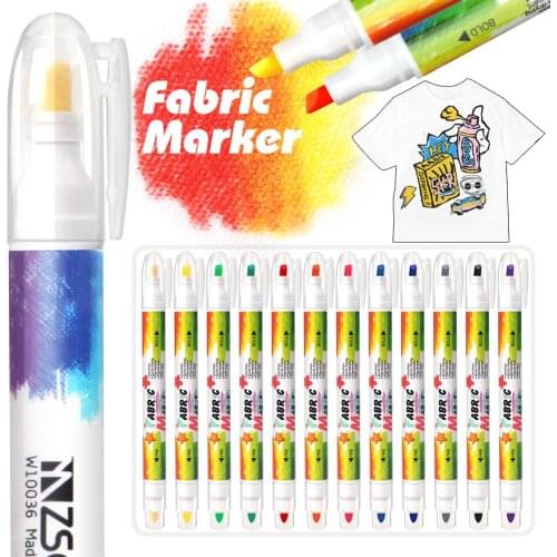 12 Unique Colors Dual Tip Fabric & T-Shirt Marker Set-Double-Ended Fabric Markers with Chisel Point and Fine Point Tips Pens
