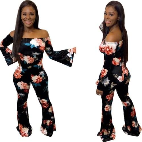 OMSJ High Street Party Womens Floral Printed Skinny Flare Rompers Off Shoulder Long Sleeve Bodycon Long Black Jumpsuits Clubwear