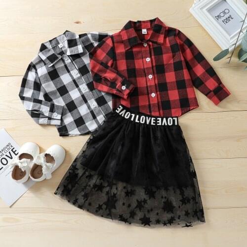 Infant 2pcs Autumn Skirt Clothes Outfit Plaid Long Sleeves Buttons Shirt + Letters Elastic Waist Mesh Skirt For Baby Girls