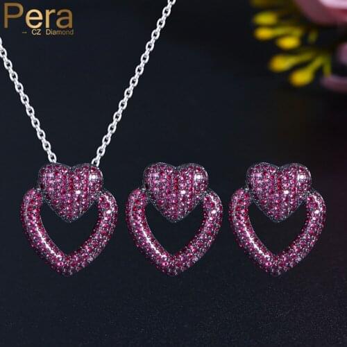 Pera Romantic Double Love Heart Shape Fuchsia Cubic Zirconia Black Gold Earrings Necklace Jewelry Sets for Best Friend Gift J440