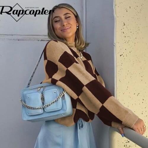 Rapcopte Plaid Knitted Jumpers y2k Loose Long Sleeve Sweaters Casual Retro Knitwear Autumn Winter Basic Pullovers Women Harajuku