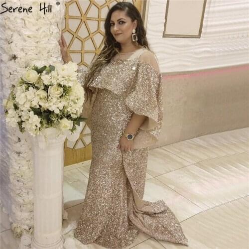 Rose Gold Sequined Sparkle Luxury Evening Dresses 2021 Dubai Long Cloak Mermaid Formal Gowns Serene Hill LA60937