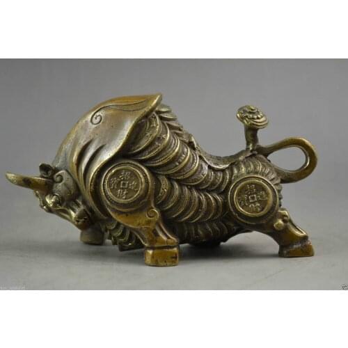 Handwork Copper Carve Whole Body C0in Rare Wealth Big Lifelike Bullfight Statue