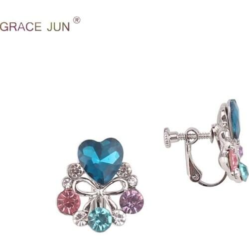 High Quality Bowknot Clip on Earrings No Pierced for Women Luxury Fashion Rhinestone Crystal Heart Cushion Earrings Not Allergy