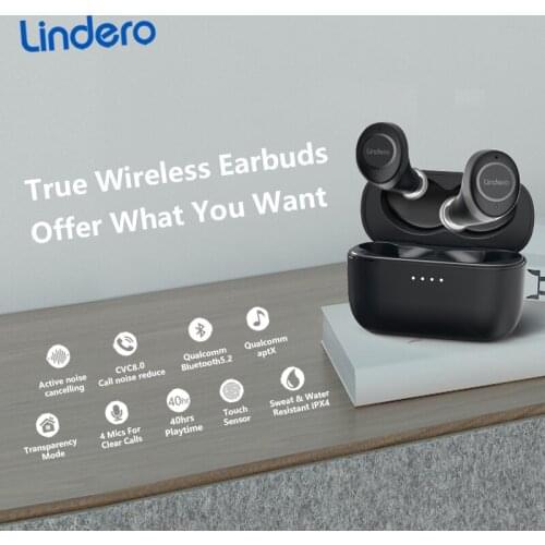 Lindero H26 Earphone Bluetooth 5.2 QCC3040 ANC Active Noise Cancellation TWS True Wireless Stereo Life Waterproof Earbuds China