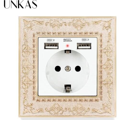 UNKAS Dual USB Charging Port 2.1A EU Wall Power Socket 16A Russia Spain Grey 4D Embossing Panel Retro Zinc Alloy Gray Outlet