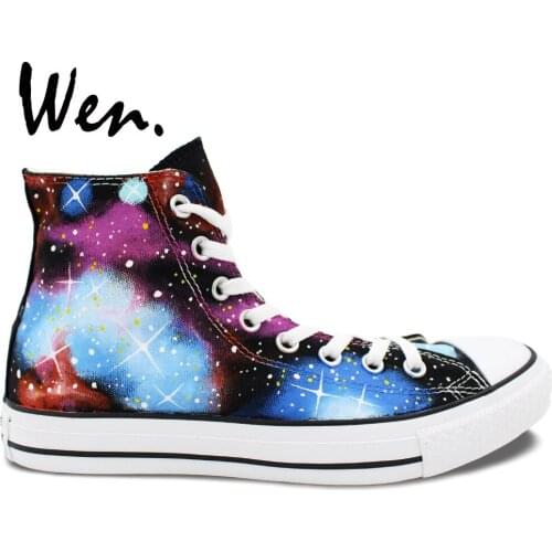 Wen Original Shoes Hand Painted Design Custom Starlight Galaxy Light Blue And Red Clouds Men Womens High Top Canvas Sneakers