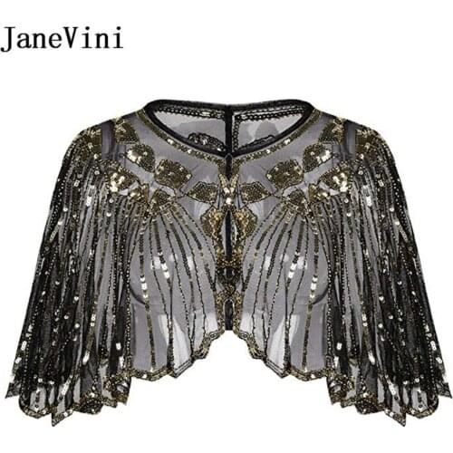 JaneVini Elegant Black Gold Bridal Shawl Wrap Bolero Women Short Cape Sequined Sparking Wedding Jacket Shrug Chaqueta De La Boda