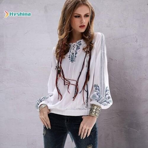Womens New Slim Top Retro Half Open Collar Cotton Hemp Embroidery Long Sleeve Shirt