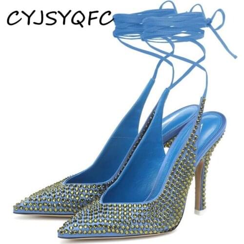 2021 Crystal Ankle Lace Up Women Pumps Sexy Pointed Toe Slingback Thin High Heels Lady Shoes Shinny Diamonds Dress Party Sandals