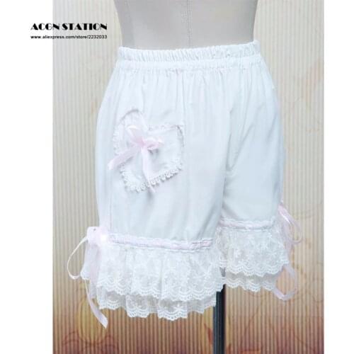 New White Cotton Loilita Bloomers Lace Trim Heart Shape Pocket Bow Ribbon Women Maid Outfit Anime bloomers shorts for women