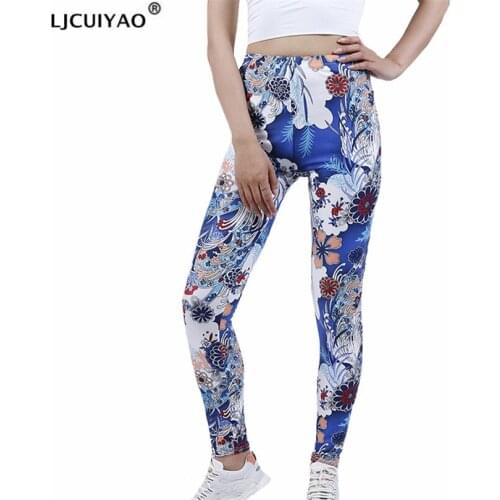 LJCUIYAO Fitness Women Leggings Fashion Patchwork Colored Flowers Print High Waist Elastic Push Up New Ankle Length Polyester