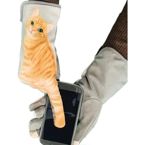 Women Cute Kitten Tail Finger Touchscreen Gloves 3D Print Fleece Lined Mittens A0NF