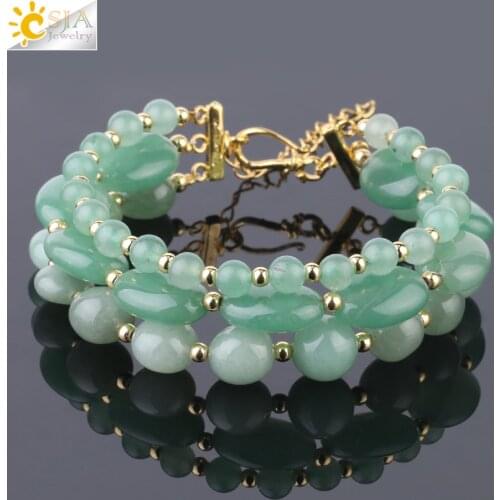 CSJA New Design Multilayer Bracelet Natural Stone Egg Shape Oval Flat Green Aventurine Pink Quartz Yoga Bracelets for Women F743