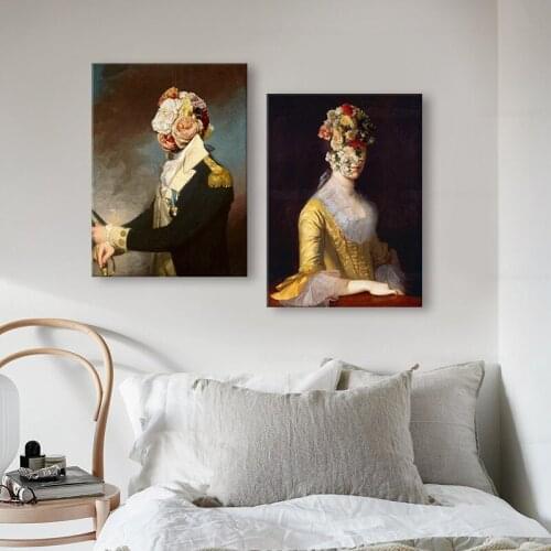 Flower Veil Portrait of Woman and Soldier Retro Poster Art Prints , Collage Surreal Art Canvas Painting Wall Picture Home Decor