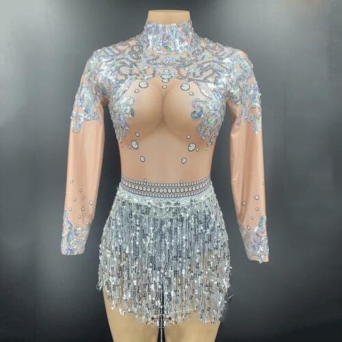 Sexy Bodysuit Long Sleeve Silver Elastic Tassel Sequins Jumpsuit Stage Costume Women Nightclub Bar Gogo Dance Costumes DQS5261