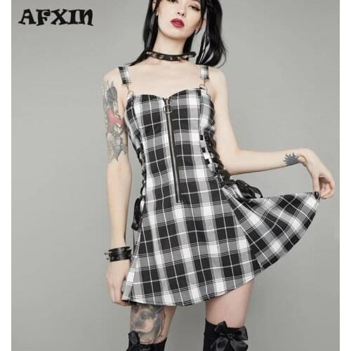 Harajuku Plaid Dress Women Summer Spring Black White Lace Up Bandage Vintage Robe Femme 90s Punk Rock Gothic A Line Dress Street
