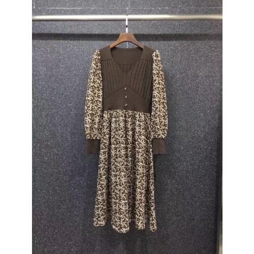 One Piece Dress 2021 Autumn Winter Long Sweater Dress High Quality Women V-Neck Vintage Print Knitted Patchwork Casual Dress