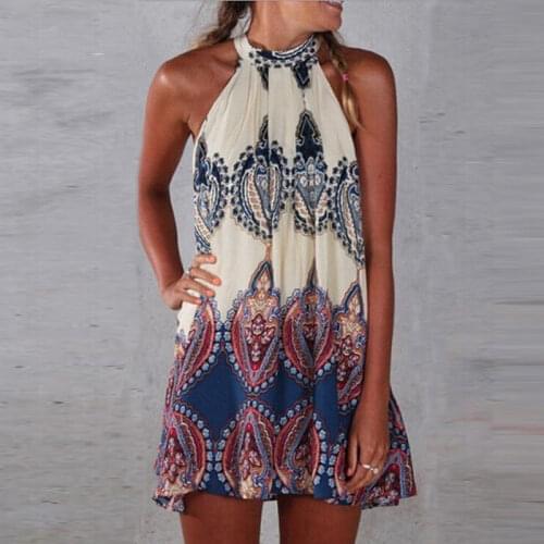 2018 NEW Hot Ladies Sexy Fashion Boho Women Halter Floral Sleeveless Summer Short Mini Dress