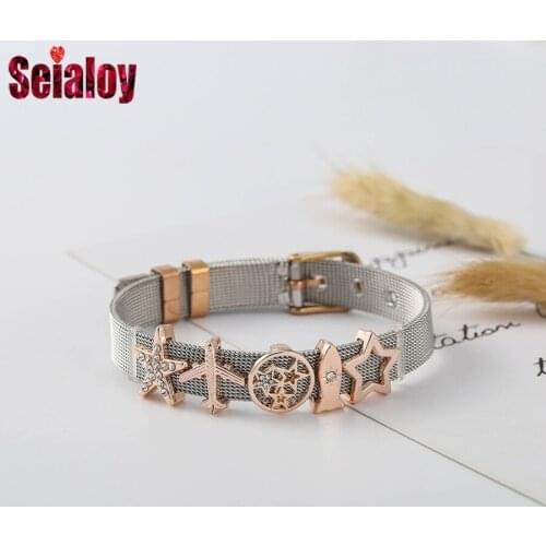 2021 New Two-tone 10mm Stainless Steel Mesh Belt Bracelets For Women Men Original Aircraft Star Charm Adjustable Length Bangle