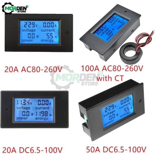 20A/50A/100A DC 6.5-100V AC 80-260V 4 in 1 LCD Digital Voltmeter Ammeter DC Voltage Current Power Energy Meter Detector Shunt