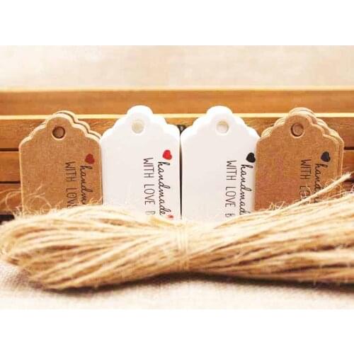 5*3cm Kraft/white DIy Handmde tag label with red heart gift label tag thank you paper candy/wedding favors label 50pcs+50string