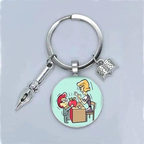 New TeacherS Day Gift Keychain Jewelry Thank You Teacher Cute Pattern Pendant Glass Round Charm Bag Fashion Keychain Souvenir