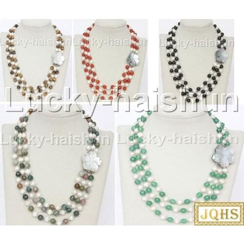 17" 8mm 3row round white pearls yellow Tigers Eye agates jades beads Strand necklace j10326