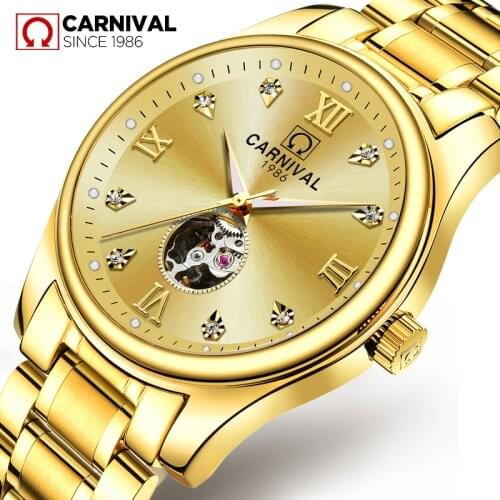 CARNIVAL Brand Fashion Gold Watch Men Luxury Business Mechanical Wristwatch Waterproof Hollow Automatic Clock Relogio Masculino