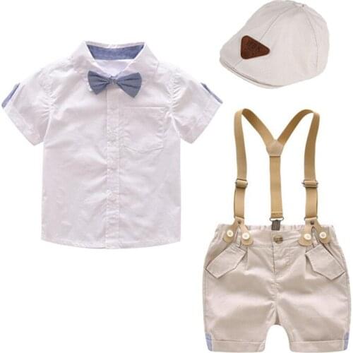 Kids Infant Summer Clothes Set Cap+T-Shirt+Belt Pant+Tie 4Pcs Baby Boy Clothes Suit Party Birthday Boys Clothing Gentleman Boy
