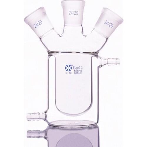 Double-deck cylindrical three-necked bottom flask,Capacity 100ml,Joint 24/29,Mezzanine jacketed reactor bottle