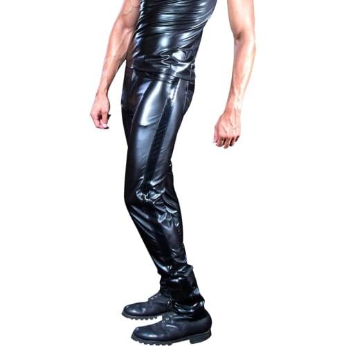 Stretchy Skinny Biker Patent Leather Pants Fashion Faux Leather Motorcycle Trousers for Male Stage Sexy Fetish Club Wear 2019