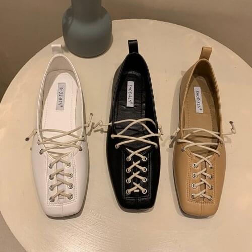 Personality Women Shoes 2021 Spring Lace-Up Casual Loafers Fashion Soft Square Toe Flats for Women Shoes Black Loafers Women