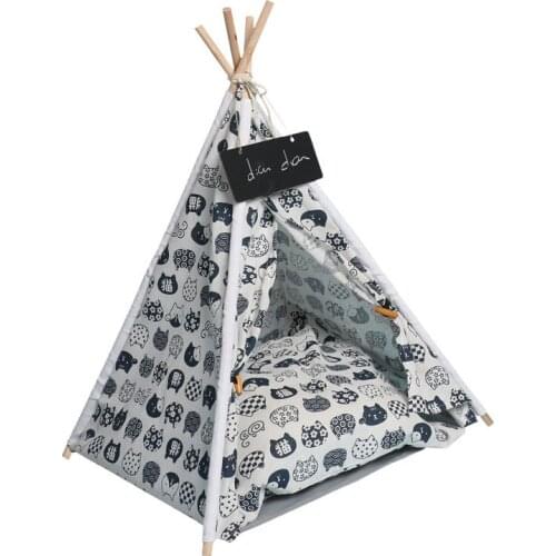 Indoor Pet Portable Tent House Teepee Thick Cushion Cat Bed Available for Dog Puppy Outdoor Linen Pet Dog Tent Supplies