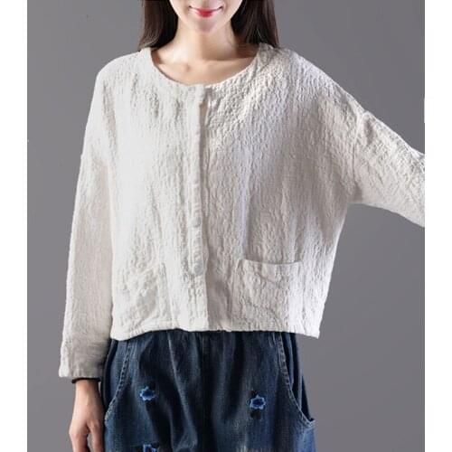 Jackets Double Pocket Solid O-Neck Short Coats New Arrival Spring Autumn Women Coat Long Sleeve Loose Vintage Cotton Linen