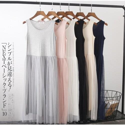 2018 Summer Comfortable Sexy Lace Mesh Womens Full Slips Sexy Modal Underdress Sleeveless Female Petticoat Slip 6 Color