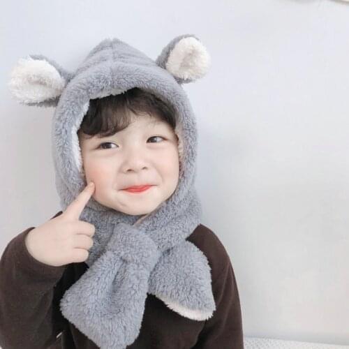 Cartoon Baby Caps Infant Kids Autumn And Winter Visor Knitted Hat Fleece Warm Hooded Scarf Earflap Beanie Cap For Boys Girls