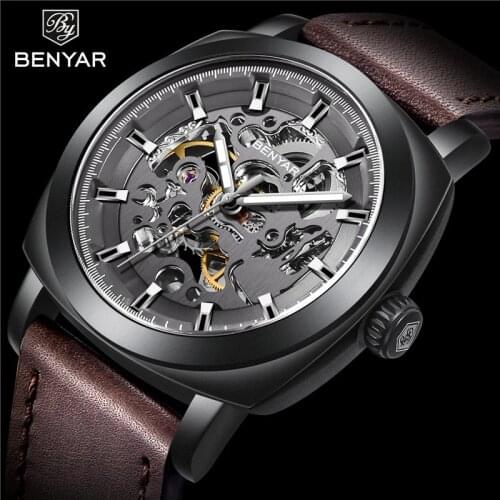 Benyar 2021 New Mens Automatic Mechanical Watch Mens Sports Waterproof Clock Leather Leisure Luxury Watch Relogio Masculino